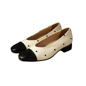 Theater Women Polka Dot Ballerina Flats | Ivory & Black Cap Low Block Heel | Comfortable Casual & Office Wear