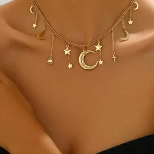 Take Two Rhinestone Moon Star Decor Pendant Necklace